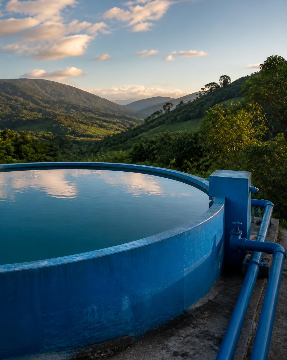 Tanque de almacenamiento de agua en el valle de Villa Canales al atardecer